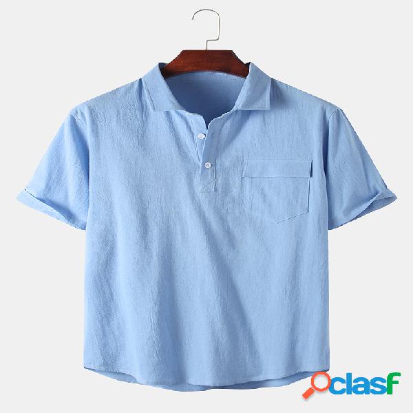 Mens cor sólida 100% algodão respirável casual colarinho