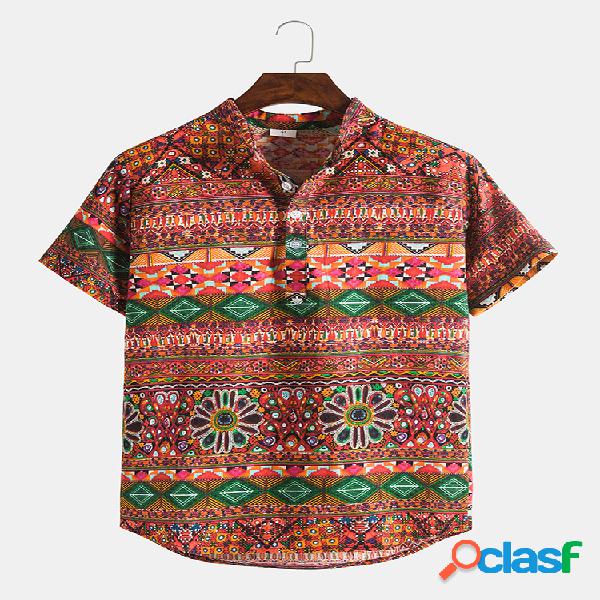 Mens étnico floral casual manga curta camisas henley