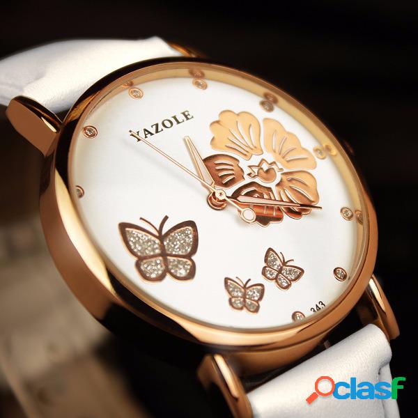 Moda relógio com mostrador de flor de borboleta em couro e
