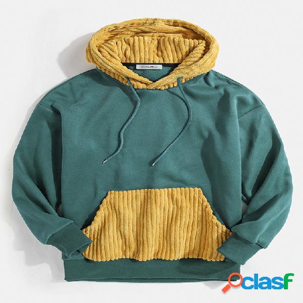 Moletom de contraste masculino casual e relaxado com capuz e