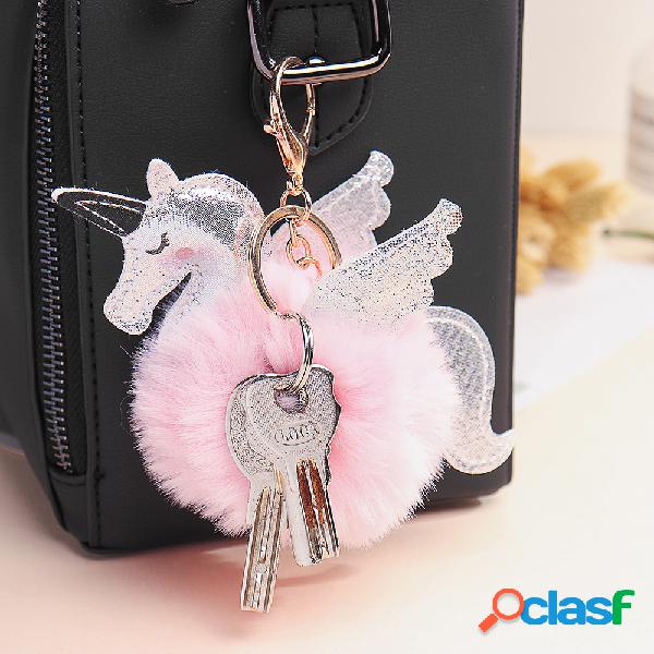 Mulheres Faux Fur Unicorn Bolsa Encanto Bonito Chaveiro