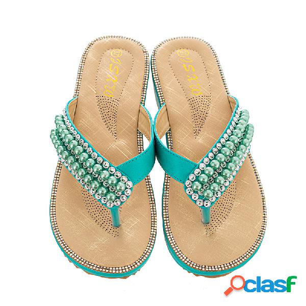 Mulheres Rhinestone Strap Clipe Toe Planos Chinelos
