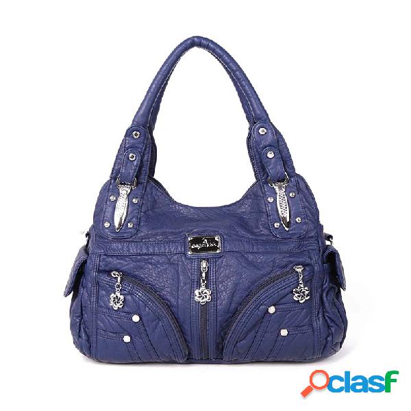 Mulheres Soft Bolsa de couro Multi-bolso Sólido Ombro