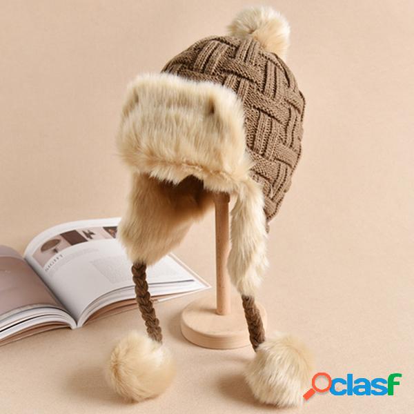 Mulheres Winter Warm Plus Plush Knitted Beanies Hat Com