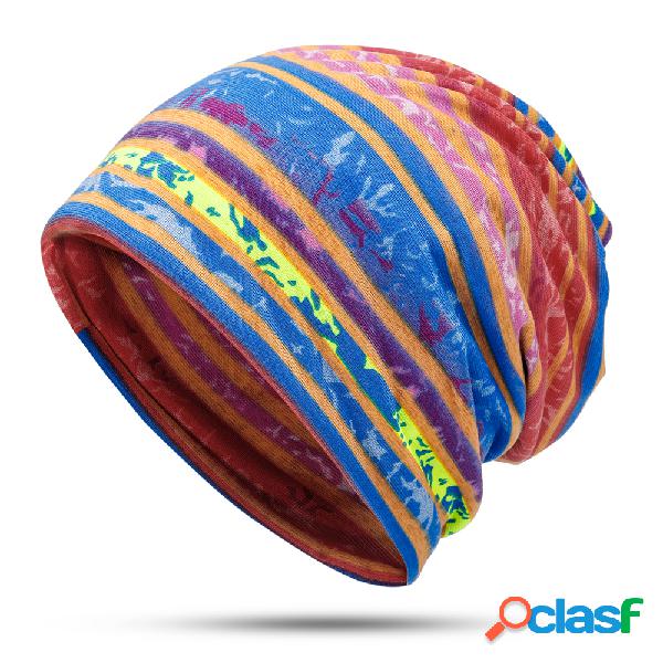 Mulheres Útil Algodão Beanie Stripe Impressão Chapéu Ao