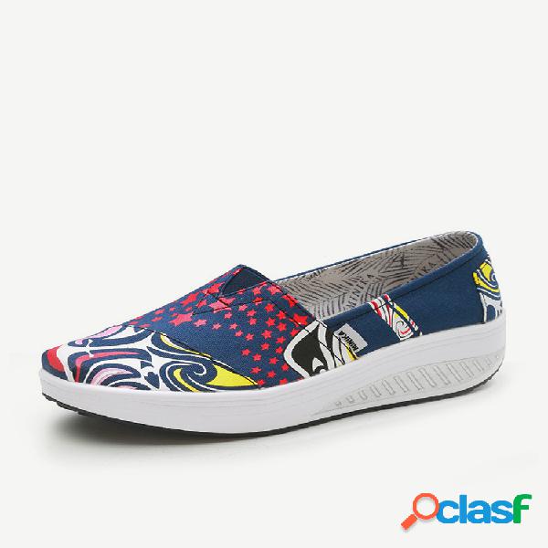 Padrão Canvas Rocker Sole Casual Slip On Plataforma Shoes