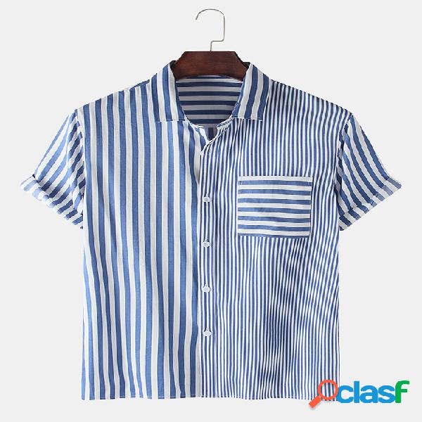 Painel Listrado de Algodão Masculino Casual Camisa