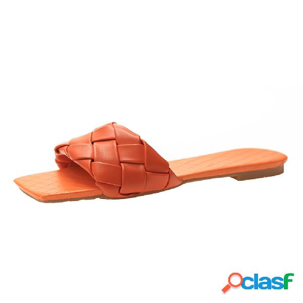 Pantufas femininas de tricô em PU superior cor sólida