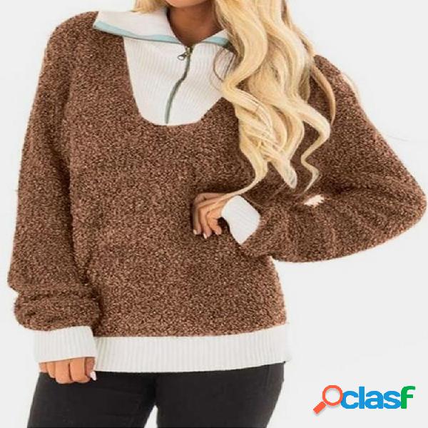 Patchwork lapela com zíper com zíper manga comprida blusa