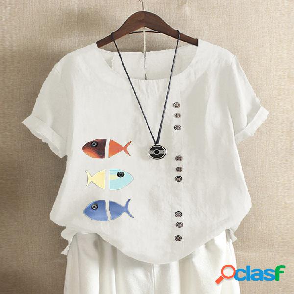 Peixe estampado manga curta botão Plus tamanho camiseta de