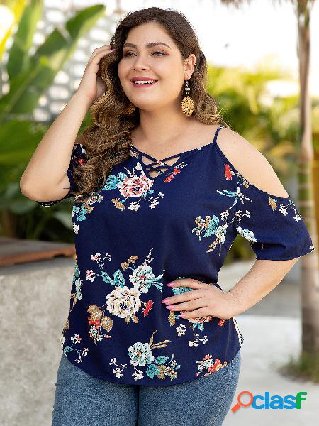 Plus Blusa de ombro frio com estampa floral cruzada azul