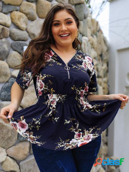 Plus Blusa tamanho marinho com estampa floral aleatória com