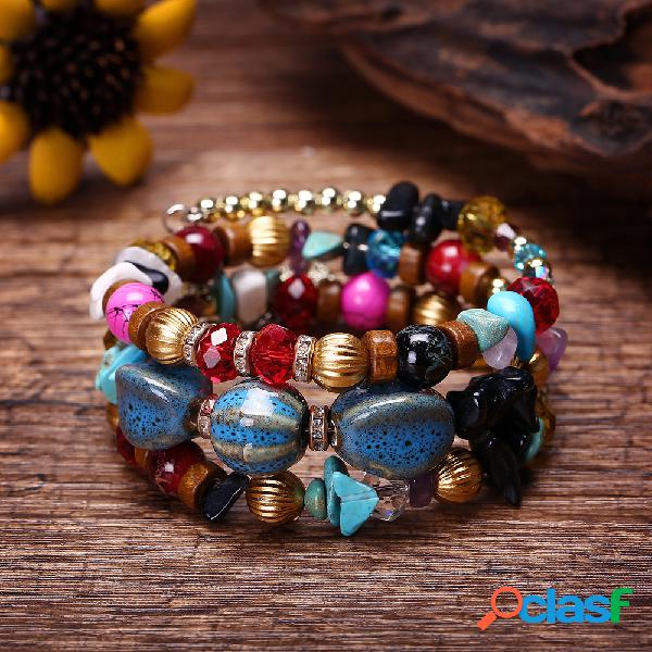 Pulseira Bohemian Crushed Stone Pulseira Multi Layer Beaded