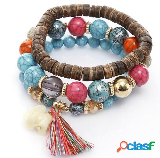 Pulseira de borla de madeira multi-camada boêmio Pulseira