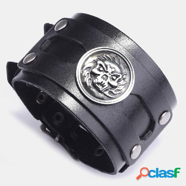 Pulseira de couro vintage larga multicamadas em liga de