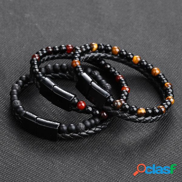 Pulseira masculina de ágata natural com cercadura de aço