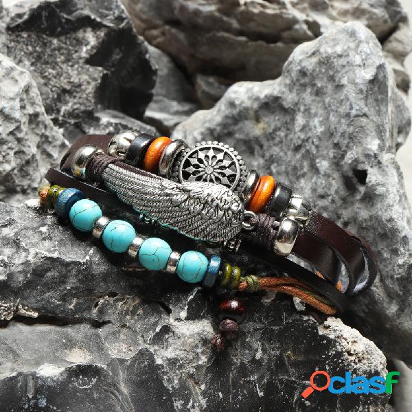 Punk Pulseira Multicamada Ajustável Couro Trançado