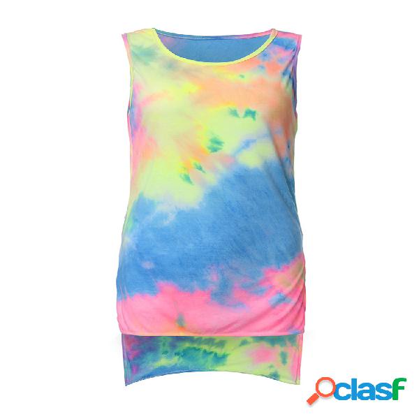 Rainbow Print Irregular Hem O-Neck camiseta sem mangas de