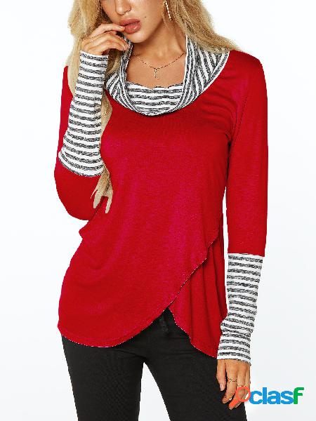 Red Roll Neck Stripe Details Overlay Front T-shirts