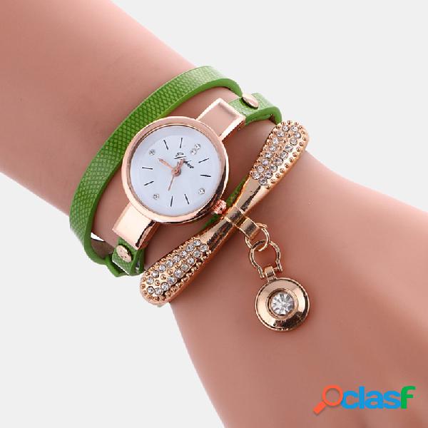 Relógio feminino casual com pulseira de couro de strass de
