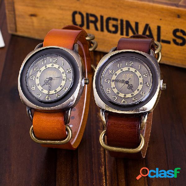 Relógio vintage pulseira de couro de vaca ajustável