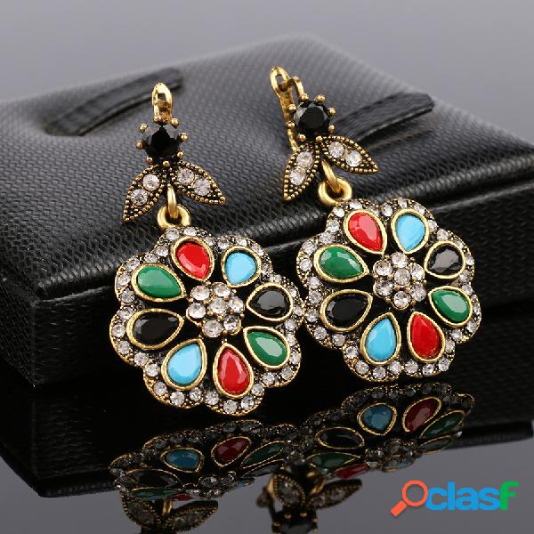 Retro Colorful Flor Brincos Strass Elegante Orelha Soltar