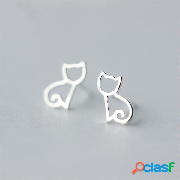 S925 Silver Geométrica Oco Cat Orelha Stud Sweet Metal Cat