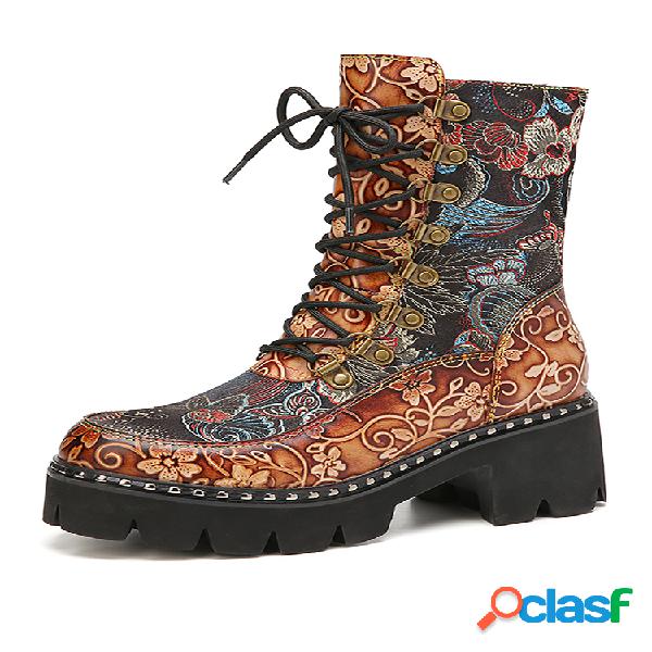 SOCOFY Botas curtas confortáveis de couro floral com relevo