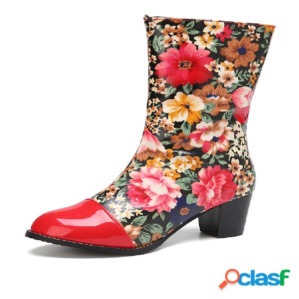 SOCOFY Botas de costura lateral com zíper redondo de flores