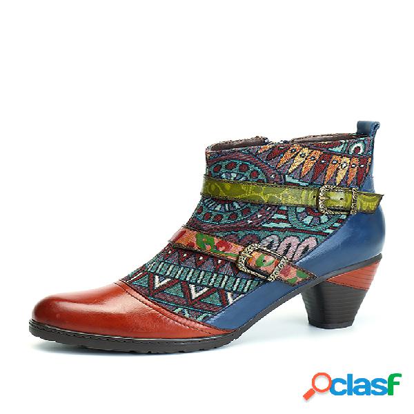 SOCOFY Botinha Cano Retro Boêmica de Couro Salto Bloco com