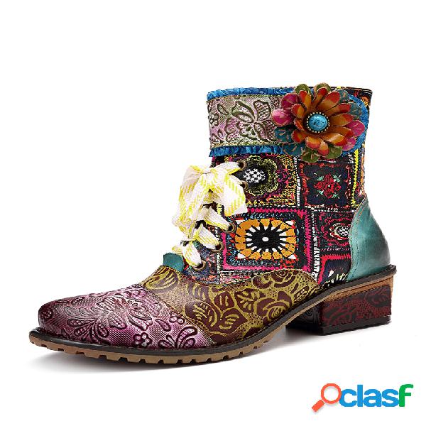 SOCOFY Cowgirl Casual Couro Genuíno Botas de costura floral