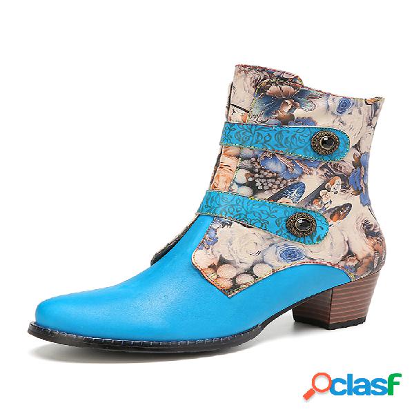 SOCOFY Elegant Flowers Padrão Botas curtas de salto robusto