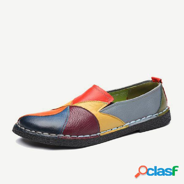 SOCOFY Loafer Manual Suave Plano Couro de Retalhos