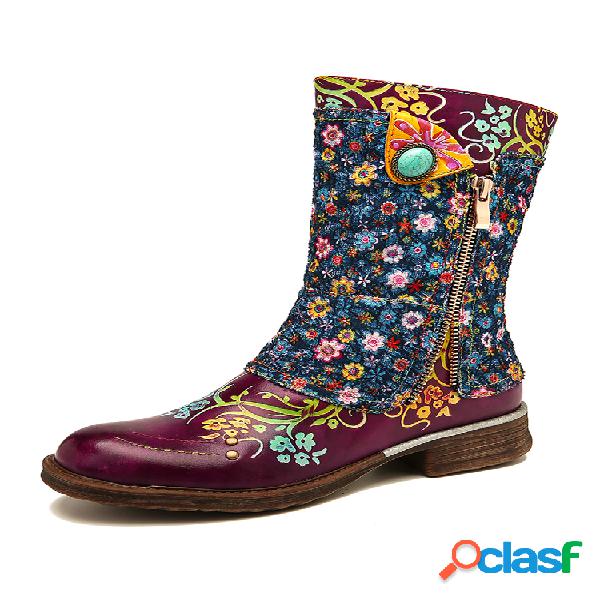 SOCOFY Retro Couro Genuíno Flores Pequenas Padrão Botas de