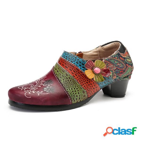 SOCOFY Retro Embossed Padrão Splicing Florals Slip On