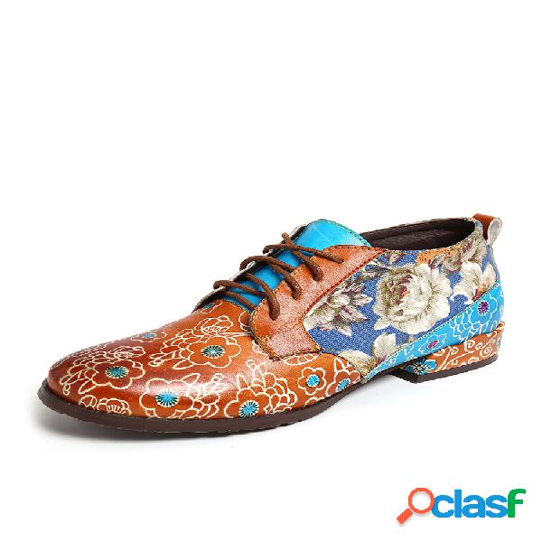 SOCOFY Retro Floral Padrão Costura Couro Genuíno Sapatos