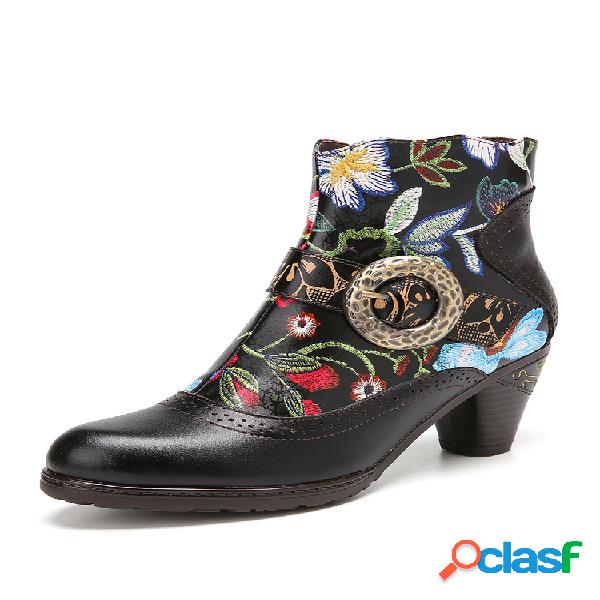 SOCOFY Retro Floral em relevo Splicing Couro Genuíno Botas