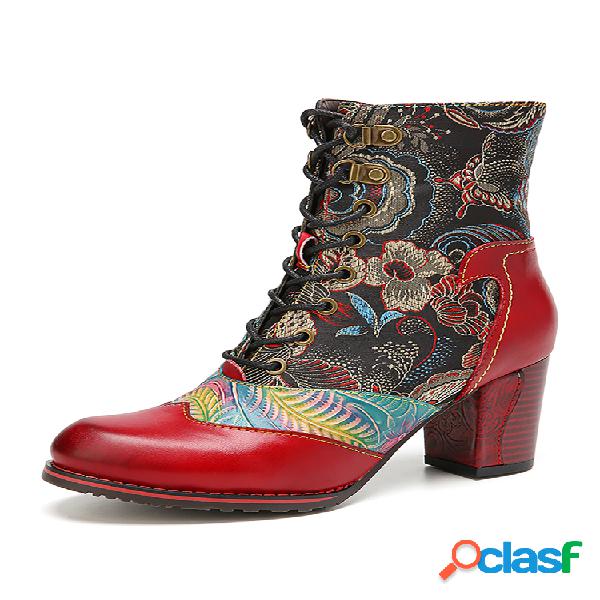 SOCOFY Retro Flowers Pano Splicing Folha Botas Curtas