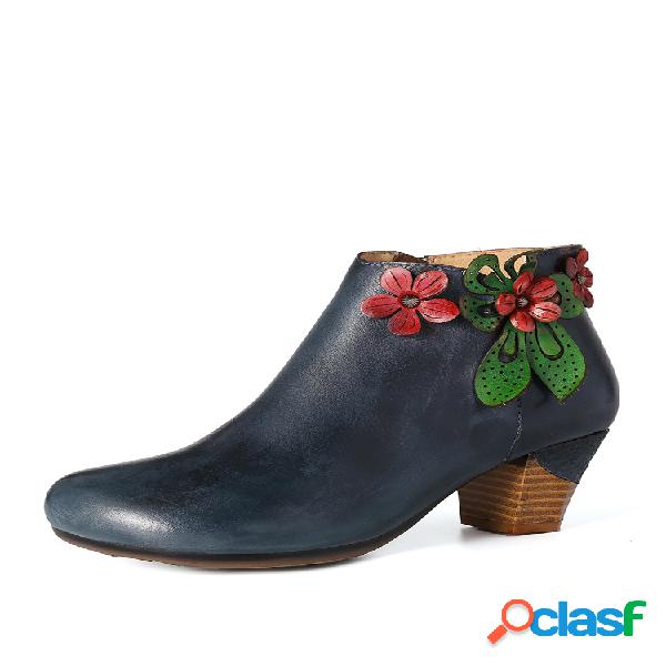 SOCOFY Retro Red Flower Couro Genuíno Botas Simples de