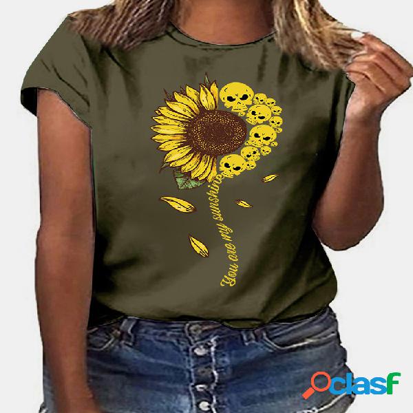 Sunflower Caveira estampa camiseta de manga curta para