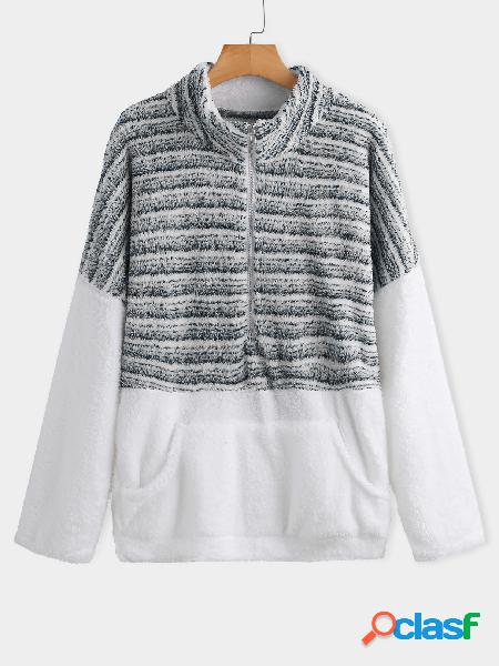 Suéter de mangas compridas patchwork zip frontal com gola