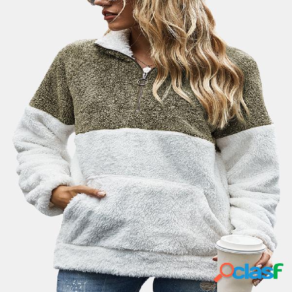 Suéter patchwork de pelúcia manga comprida lapela com