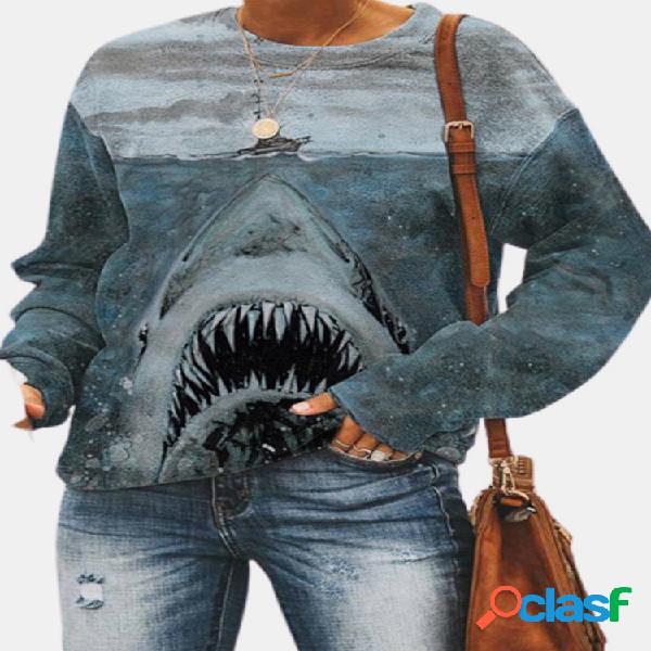 Sweatshirt Fashion Shark Drawing Print manga comprida casual