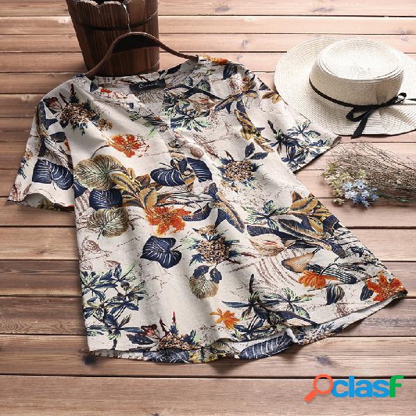 T-Shirt Vintage Feminino Estampa Floral Manga Curta Gola em