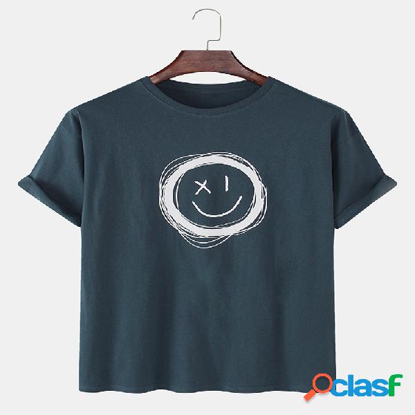 T-shirt casual de algodão com estampa facial de sorriso