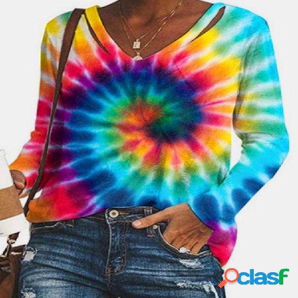 T-shirt casual de manga comprida com decote em V tie-dye