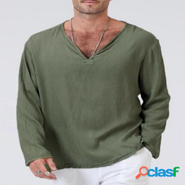 T-shirt casual masculina Soft com decote em V simples de