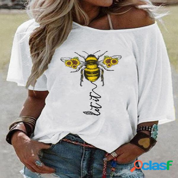T-shirt de manga curta Flower Bee Letter Print para mulheres