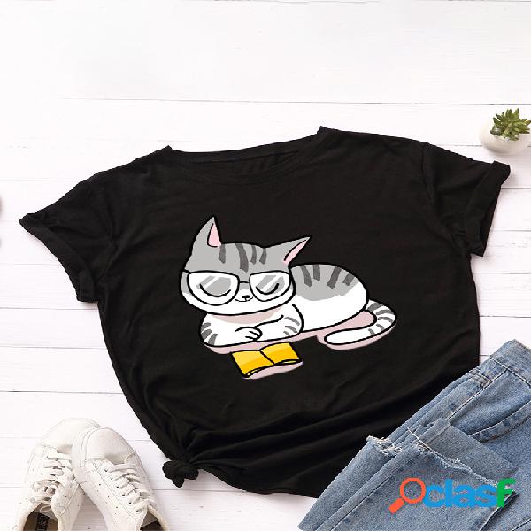 T-shirt de manga curta com gola O com estampa de gato
