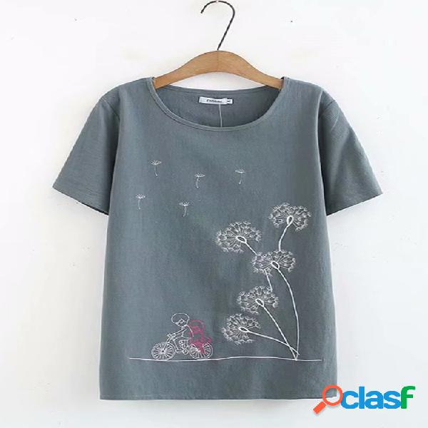 T-shirt de verão de manga curta com flor bordado